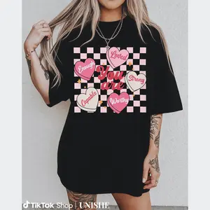 Pink Checkerboard Valentine T-Shirt – Heart Candies and Positive Vibes Tee