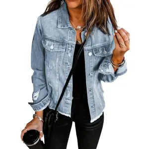 Women's Jean Jackets Casual Non Stretch Boyfriend Washed Coats Distressed Ripped Lapel Long Sleeve Denim Outwear Tops 2025 Spring Womenswear Outfits Dealsforyoudays