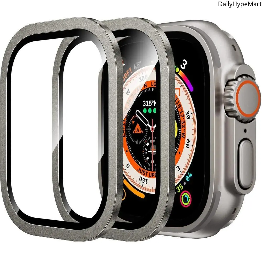 2-Pack Durable Alloy-Titanium Frame Apple Watch Ultra Screen Cover, 9H Tempered Glass 49mm Wearable Fashion Accessory