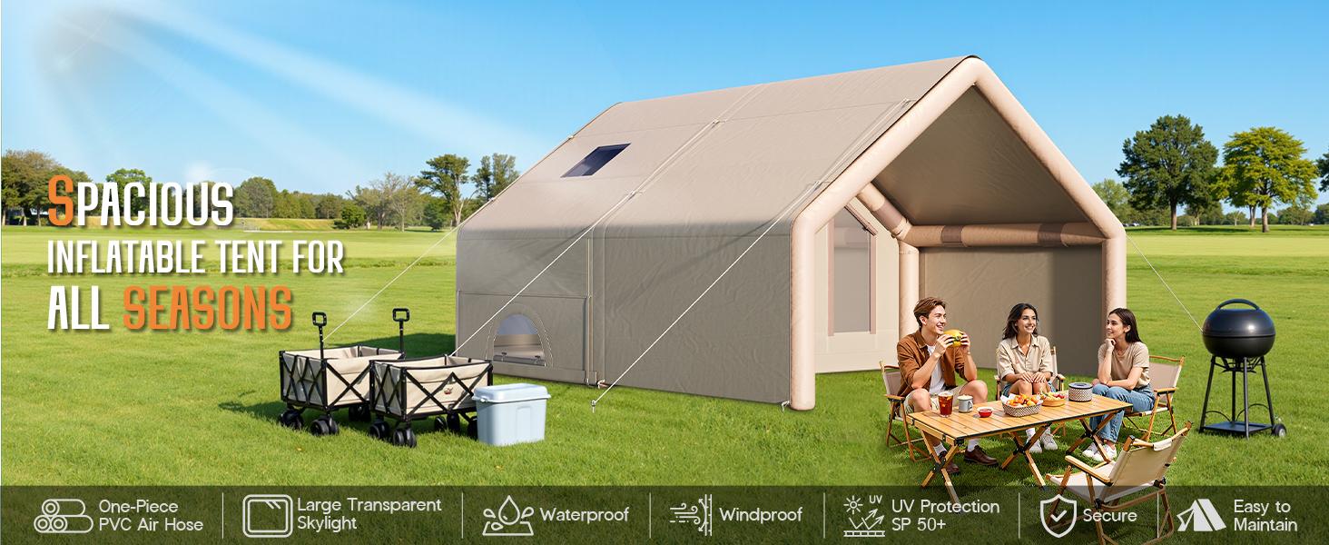 AMERLIFE Inflatable Tent for Camping, Large Blow Up Tent with Easy Setup Pump, Skylight, Stove Jack, Doors, Waterproof Oxford Outdoor Cabin, Ideal for Family, Emergency Shelter, Glamping