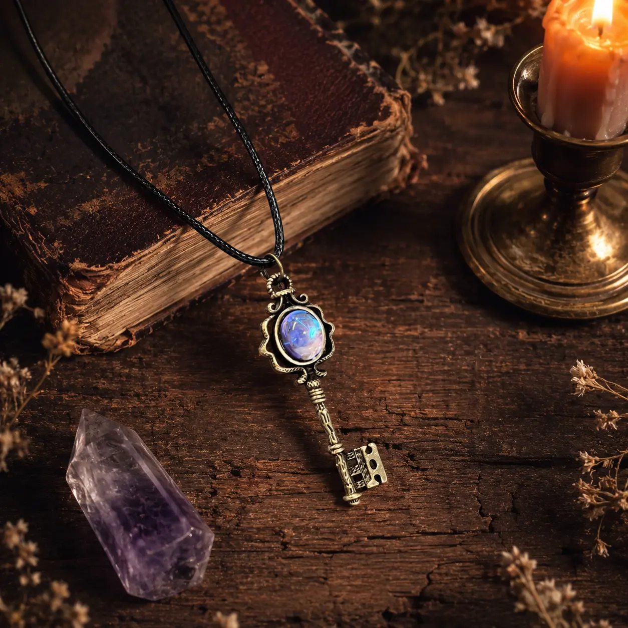 Women's Witch Key Pendant Necklace - Solid Copper Gothic Amulet with Color-Shifting Fluorite, Antiqued Patina Finish, Adjustable Boho Whimsical Jewelry, Knowledge-Infused Daily Wear Accessory, Unique Meaningful Gift