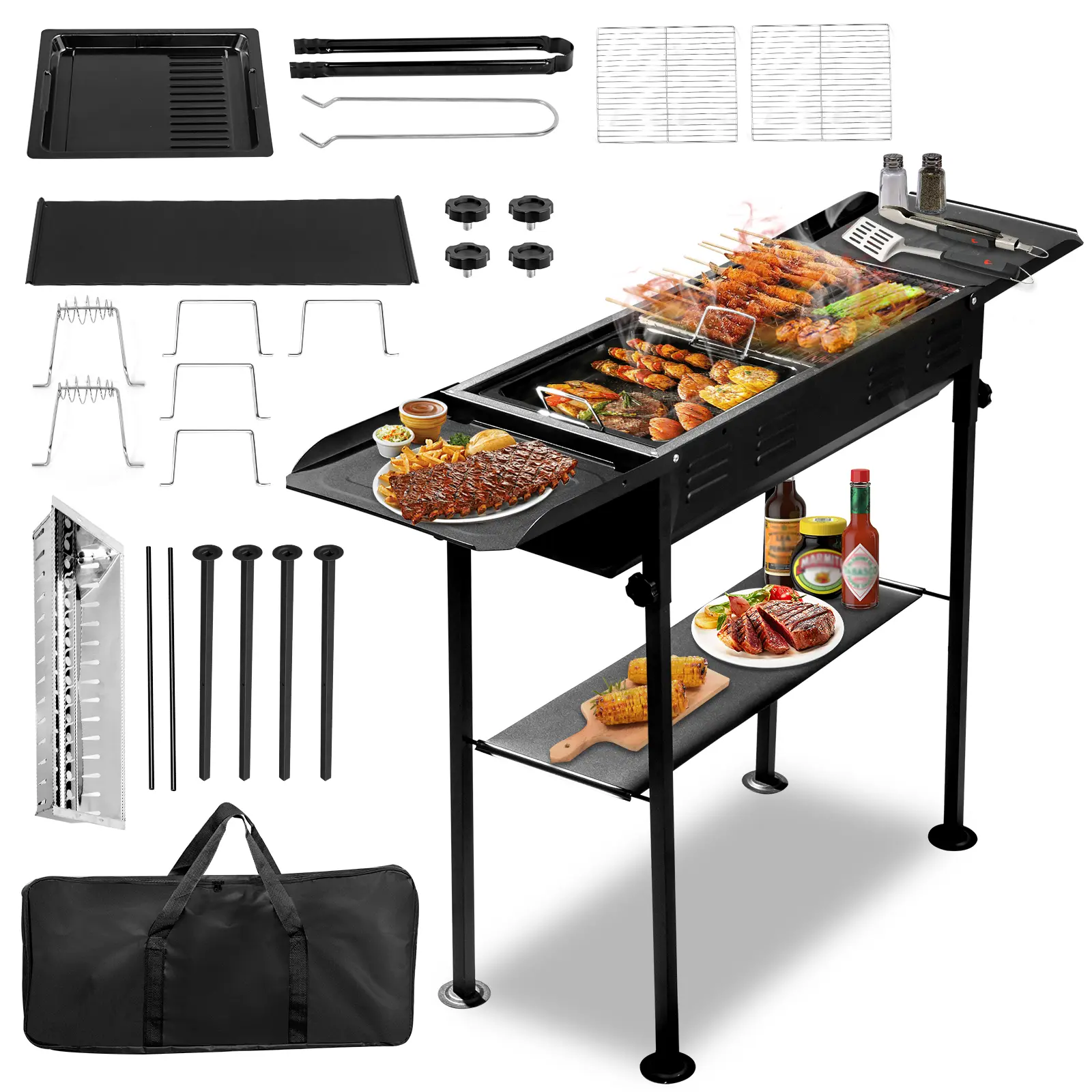 Mini BBQ Grill Portable Barbecues - Foldable Charcoal Grill with Metal Structure, Storage Shelf, Travel Bag, Portable Kitchen Gear for Outdoor Patio, Garden Party, Camping
