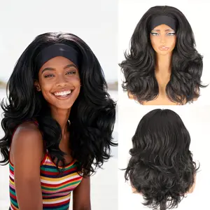 SOKU Yaki Texture Headband Wig 18 Inch Black Heat Friendly Synthetic Fiber Pre Layered Voluminous Big Hair Free Part No Lace Design