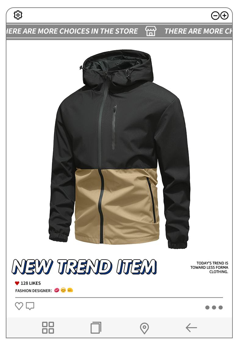 Men's casual waterproof jacket with adjustable hat, comfortable and durable fabric, suitable for outdoor sports, daily leisure, fashionable and versatile jacket, suitable for wearing in spring and summer seasons Athletic Activewear