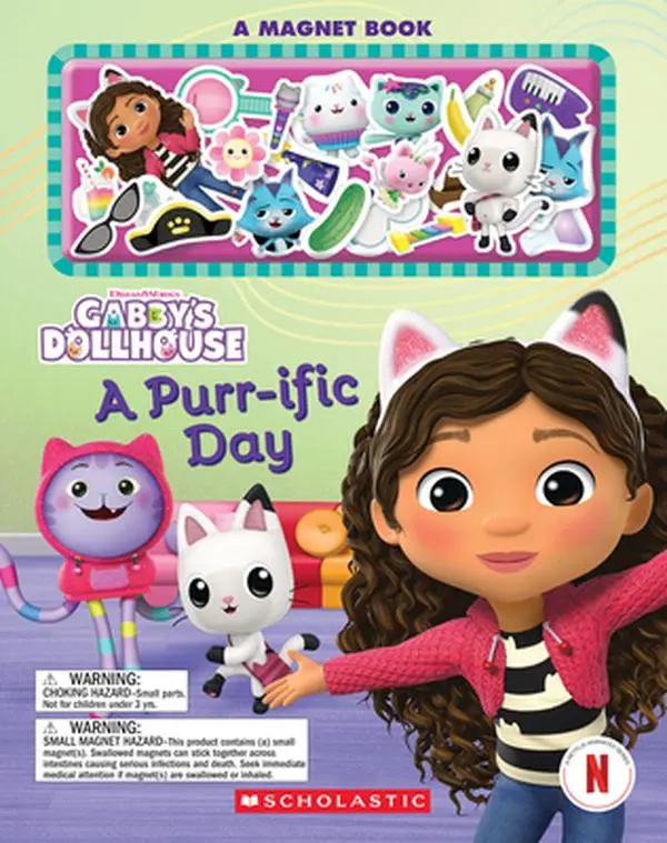 A Purr-Ific Day (Gabby's Dollhouse Magnetic Book) - Scholastic Activity Board Book with Puzzles