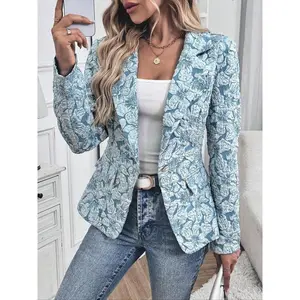 Women's Floral Pattern Blazer, Elegant Long Sleeve Open Front Outerwear for Work Office Business, Longsleeves Suit Blazer, Ladies Spring & Fall Clothes