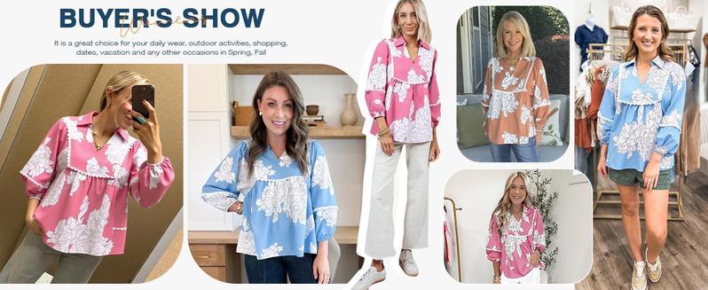 Imily Bela Womens Floral Peplum Babydoll Tops 3/4 Puff Sleeve Pleated Blouse Cute Casual V Neck Loose Fit Flowy Boho Shirts