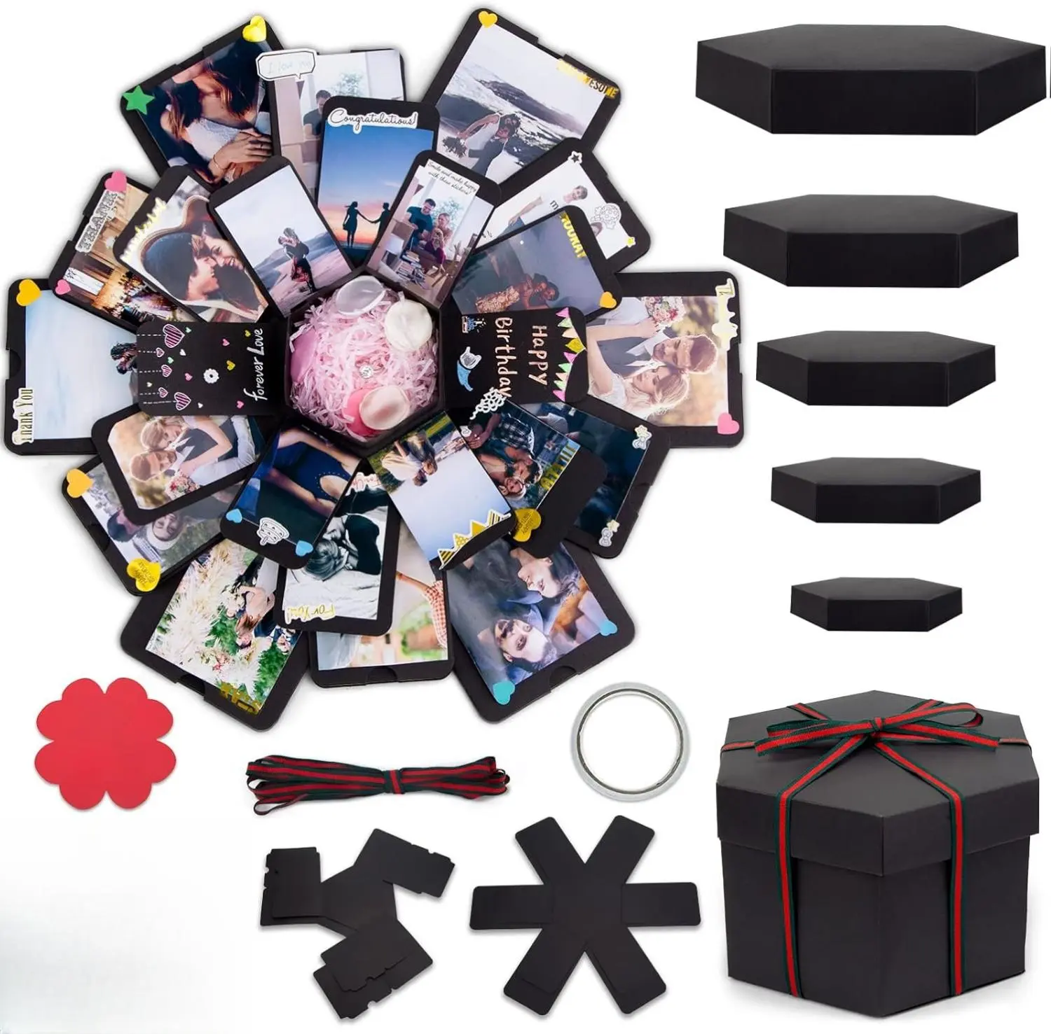 Preassembled 17x17in Square Large Black Eco-Friendly Non-Toxic Cardboard Explosion Box - Handmade Pop-Up Photo Album with DIY Scrapbooking Accessories, Romantic Boyfriend Gift for Anniversary, Romantic Gifts & Wrapping, Anniversary Gift For Him, Boyfriend