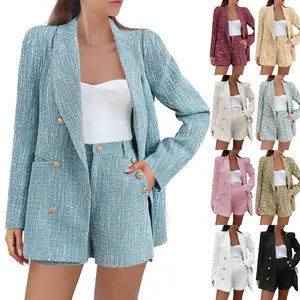 LAICIGO Womens Spring Summer 2 Piece Tweed Blazer Shorts Sets Elegant Long Sleeve Double Breasted Suit Jackets Business Outfit