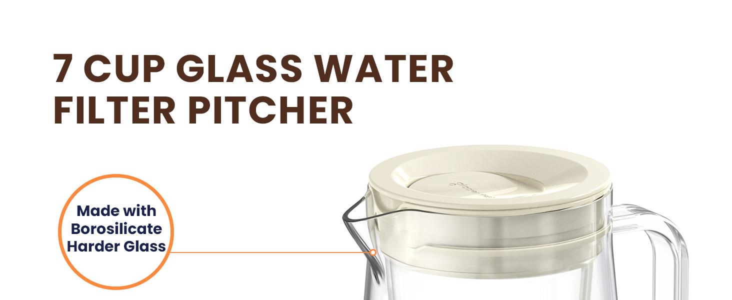 GLACIER FRESH 300Gallon 7Cup/10Cup Glass Water Pitcher for Tap Water with Membrane and Carbon Filter, Reduces Chlorine PFAS Micro Plastic and Lead Taste, Food Grade, BPA Free Materials, White, Blue, Drinkware Jugs,  Lid Bottles