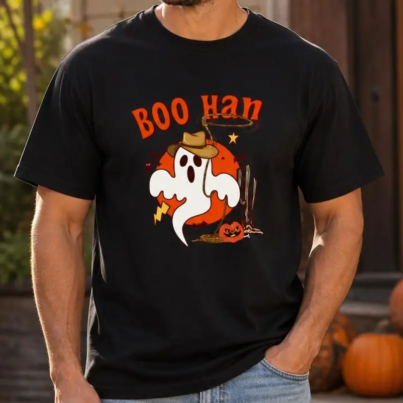 Men's Personalized Stylish Cowboy Ghost Pumpkin Halloween Graphic T-Shirt - Round Neck, Short-Sleeve Casual Menswear Tops, Halloween Gift for Men