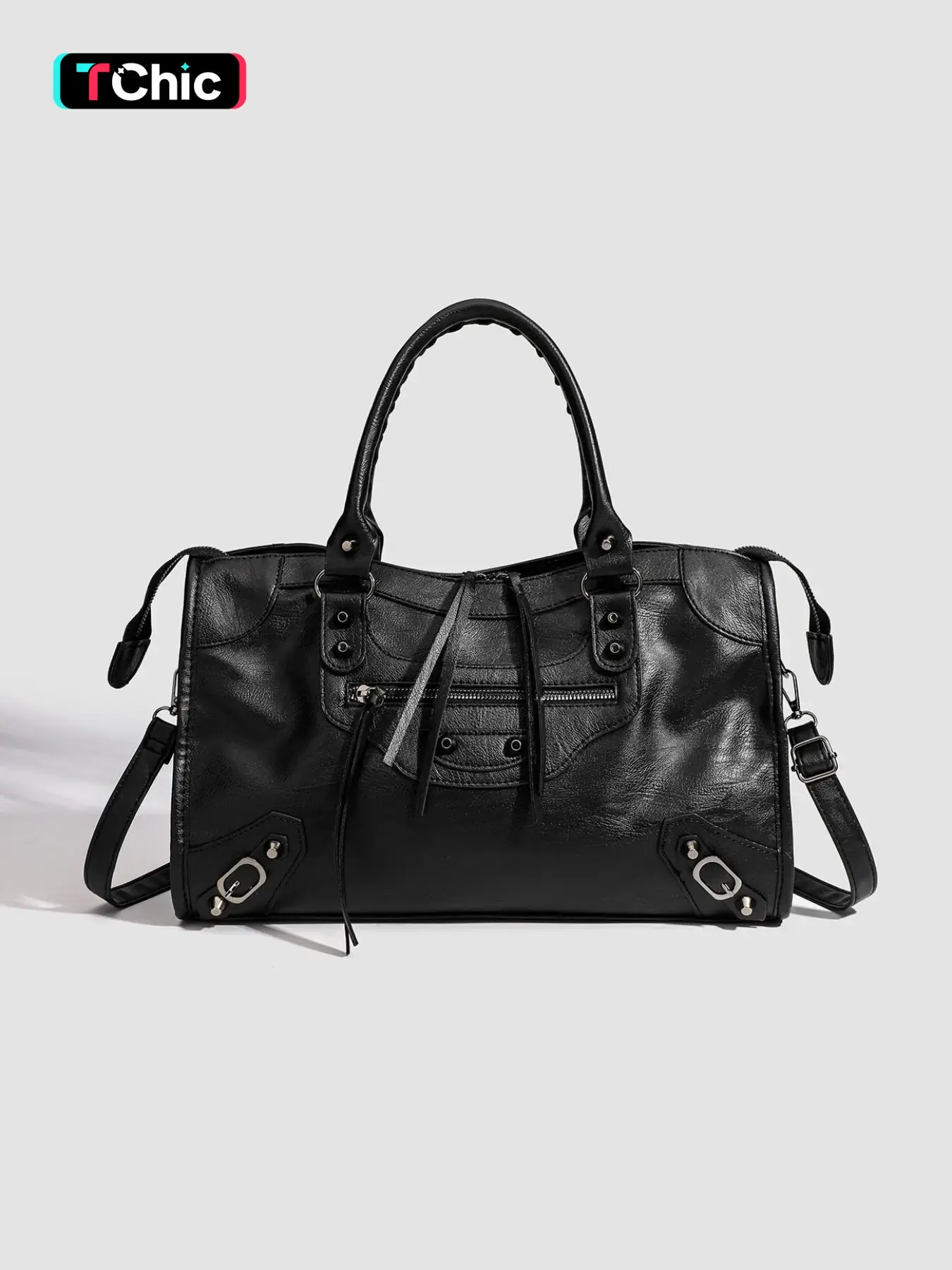 PU Leather Moto-Style Crossbody Shoulder Bag, Large Capacity with Rivet Decor & Tassel Zipper, for Daily Commute & Casual Outings, Fashion Crossbody Bags