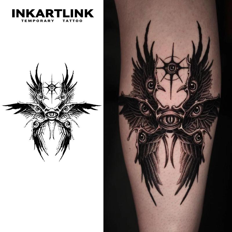 INKARTLINK Tattoo Tech, 2 Sheets Medium Semi Permanent Tattoo, Adult Art Design Temporary Tattoos, Lasts 1-2 Weeks, Waterproof, Realistic Look, No Adhesive, No Reflection (Six-Winged Angel Design)