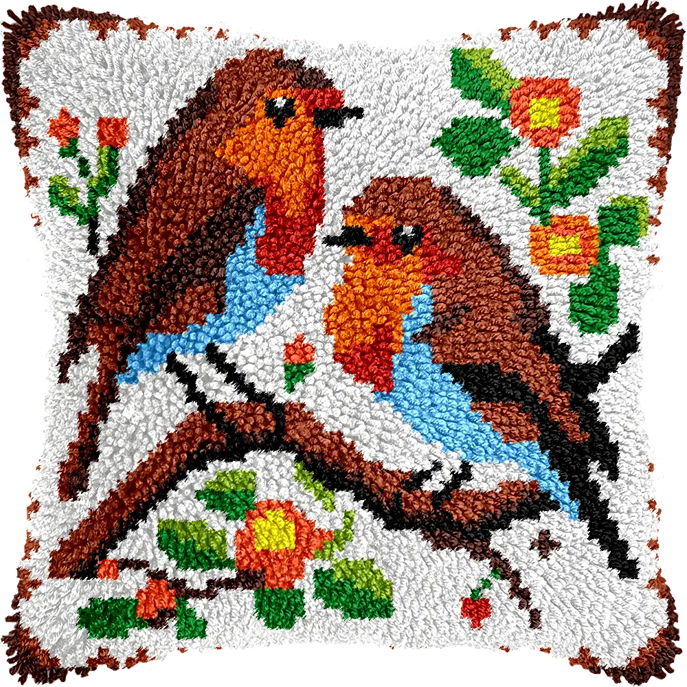 Veirousa Robin Birds Latch Hook Pillow Kits for Adults Beginners DIY Throw Pillowcase Kit with Soft Backing, Pre-Printed Rug Making Kits Needlework Cushion for Home Sofa Decoration 17x17 Inch