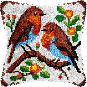 Veirousa Robin Birds Latch Hook Pillow Kits for Adults Beginners DIY Throw Pillowcase Kit with Soft Backing, Pre-Printed Rug Making Kits Needlework Cushion for Home Sofa Decoration 17x17 Inch