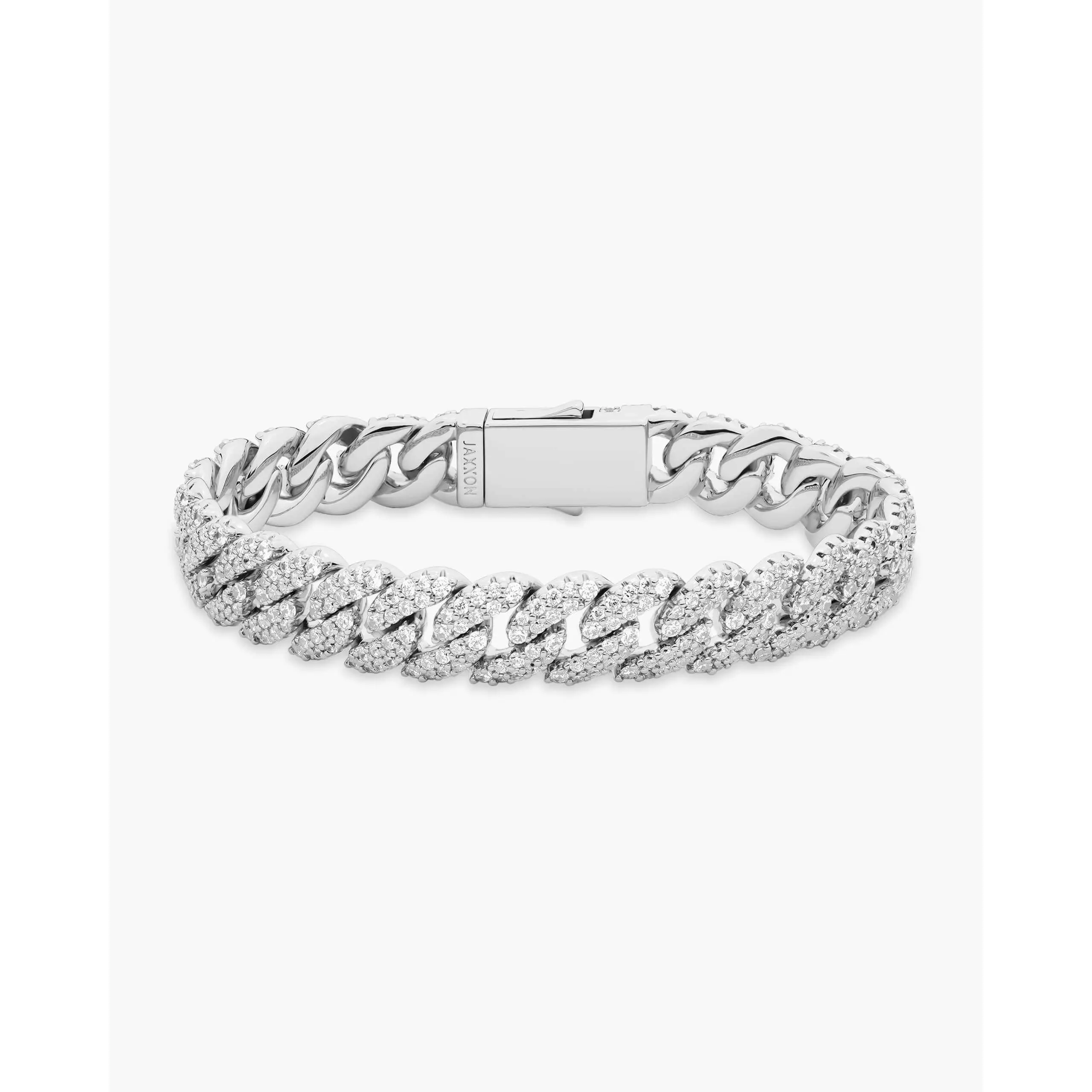JAXXON Iced Out Cuban Link Bracelet 10mm - Silver - Rhodium Bonded for Shine & Durability - Box Clasp