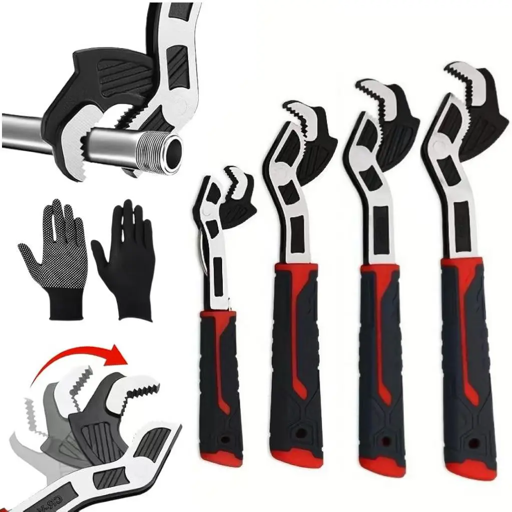 4-Piece Self-Locking Adjustable Wrench Set (6/8/10/12 inch) - Chrome Vanadium Steel (Cr-V), Non-Slip Grip Handle, Plumbing Repair Pipe Work Hand Tool, Ideal Father's Day Gift, Plumbing Repair Wrench, Hand Tools