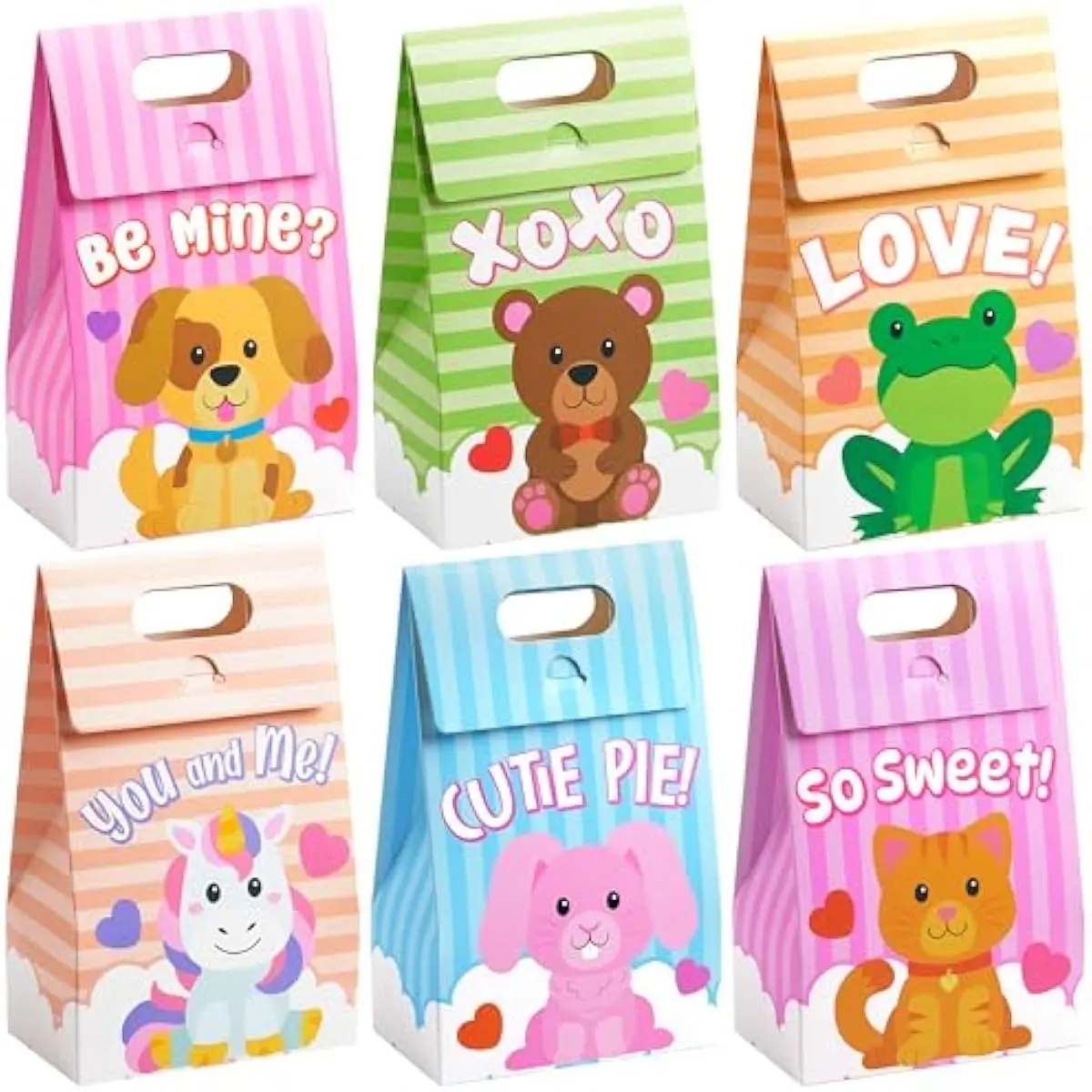 JOYIN 24 Pcs 7.8" Valentines Day Gift Boxes, Animal Paperboard Treat Bag with Handle, Valentines Goodie Boxes with 6 Animal Themed Designs for Kids Classroom Prize, Gift Exchange, Party Favors Supply