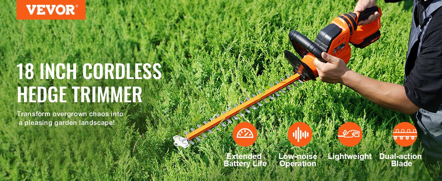 VEVOR 20V Cordless Hedge Trimmer, TikTokShopBlackFriday, 18 inch Double-edged Steel Blade, Hedge Trimmer Kit 20V Battery, Fast Charger, and Blade Cover Included, 180° Rotating Head