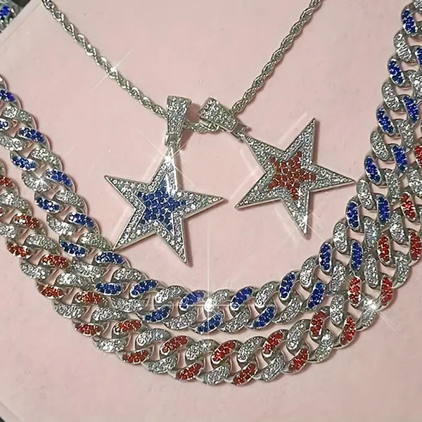 Men's Diamond Star Decorative Charm Pendant - Chunky Cuban Link Chain Necklace, Punk Accessories, Hip Hop Style Fashion Jewelry Domineering Cool Accessory, Chunky Necklace, Men's Accessories