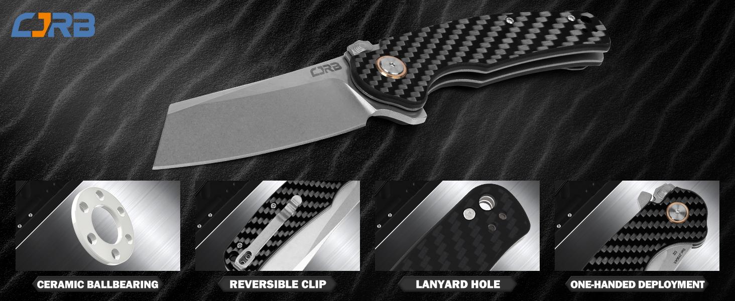 CJRB Crag Recoil-lock Tactical Tool Knife,Cleaver Pocket Folding Knife with Stonewash AR-RPM9 Steel Blade and Carbon Fiber Handle for Men Outdoor, Camping and FathersDayGift Survival Equipment Set Survival Gear
