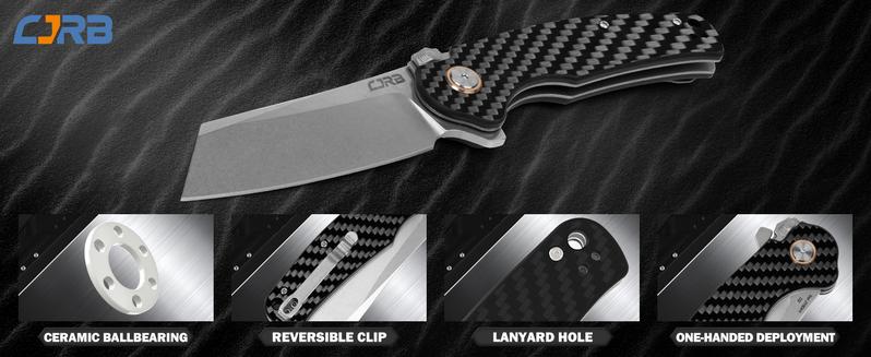 CJRB Crag Recoil-lock Tactical Tool Knife,Cleaver Pocket Folding Knife with Stonewash AR-RPM9 Steel Blade and Carbon Fiber Handle for Men Outdoor, Camping and FathersDayGift Survival Equipment Set Survival Gear