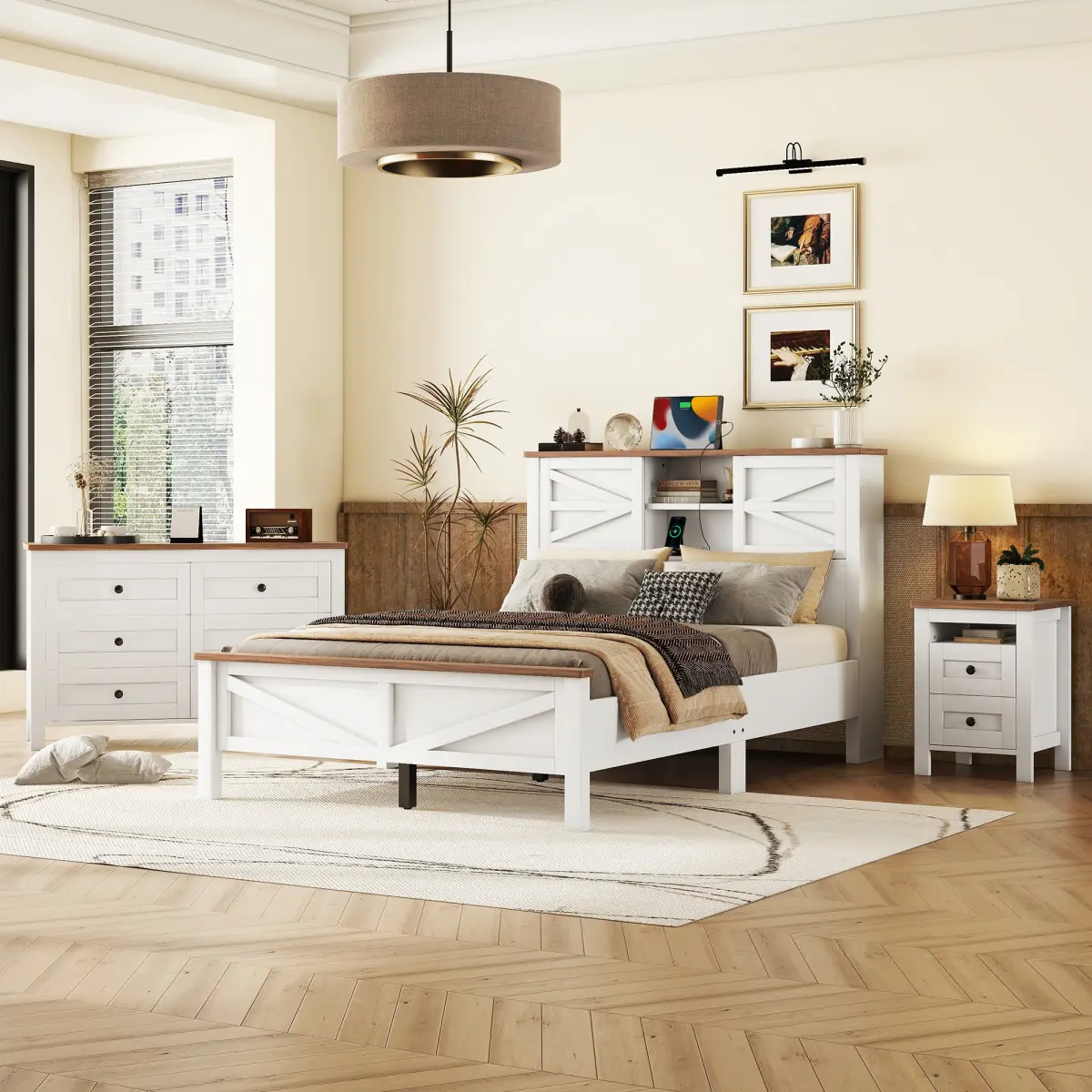 [Bellemave] 3-Pieces Bedroom Sets, Farmhouse Platform Bed with Double Sliding Door Storage Headboard and Charging Station, Storage Nightstand and Dresser