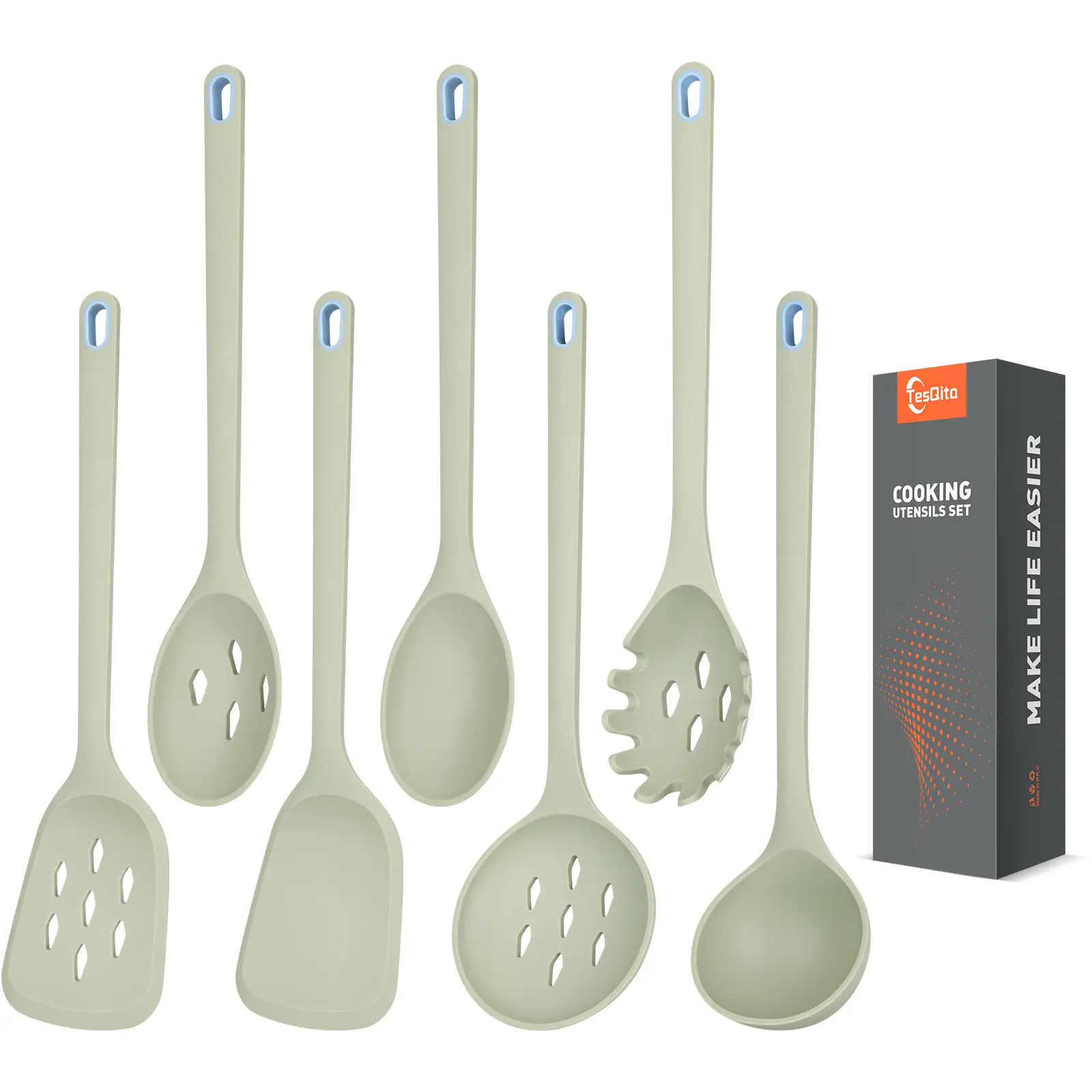 7-Piece Large Lightweight Silicone Kitchen Utensils Set - BPA-Free, Heat-Resistant, No-Scratch for Nonstick Cookware, Hanging Holes, Includes Pasta Server, Spaghetti Server, Slotted Spatula, Solid Spatula, Skimmer, Soup Ladle for Stirring, Handles, Minima