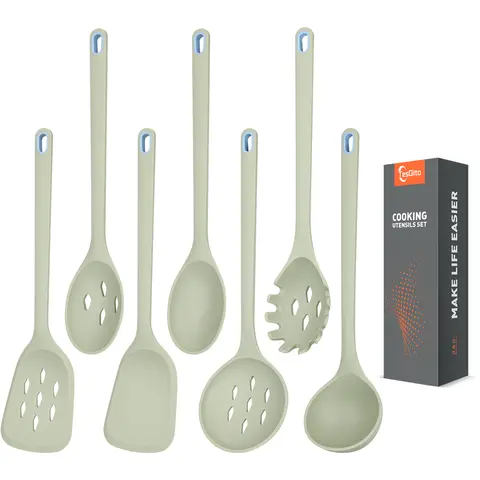 7-Piece Large Lightweight Silicone Kitchen Utensils Set - BPA-Free, Heat-Resistant, No-Scratch for Nonstick Cookware, Hanging Holes, Includes Pasta Server, Spaghetti Server, Slotted Spatula, Solid Spatula, Skimmer, Soup Ladle for Stirring, Handles, Minima