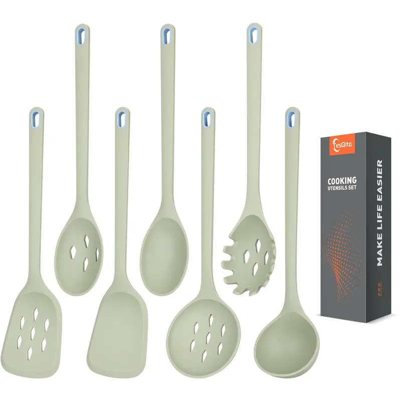 7-Piece Large Lightweight Silicone Kitchen Utensils Set - BPA-Free, Heat-Resistant, No-Scratch for Nonstick Cookware, Hanging Holes, Includes Pasta Server, Spaghetti Server, Slotted Spatula, Solid Spatula, Skimmer, Soup Ladle for Stirring, Handles, Minima