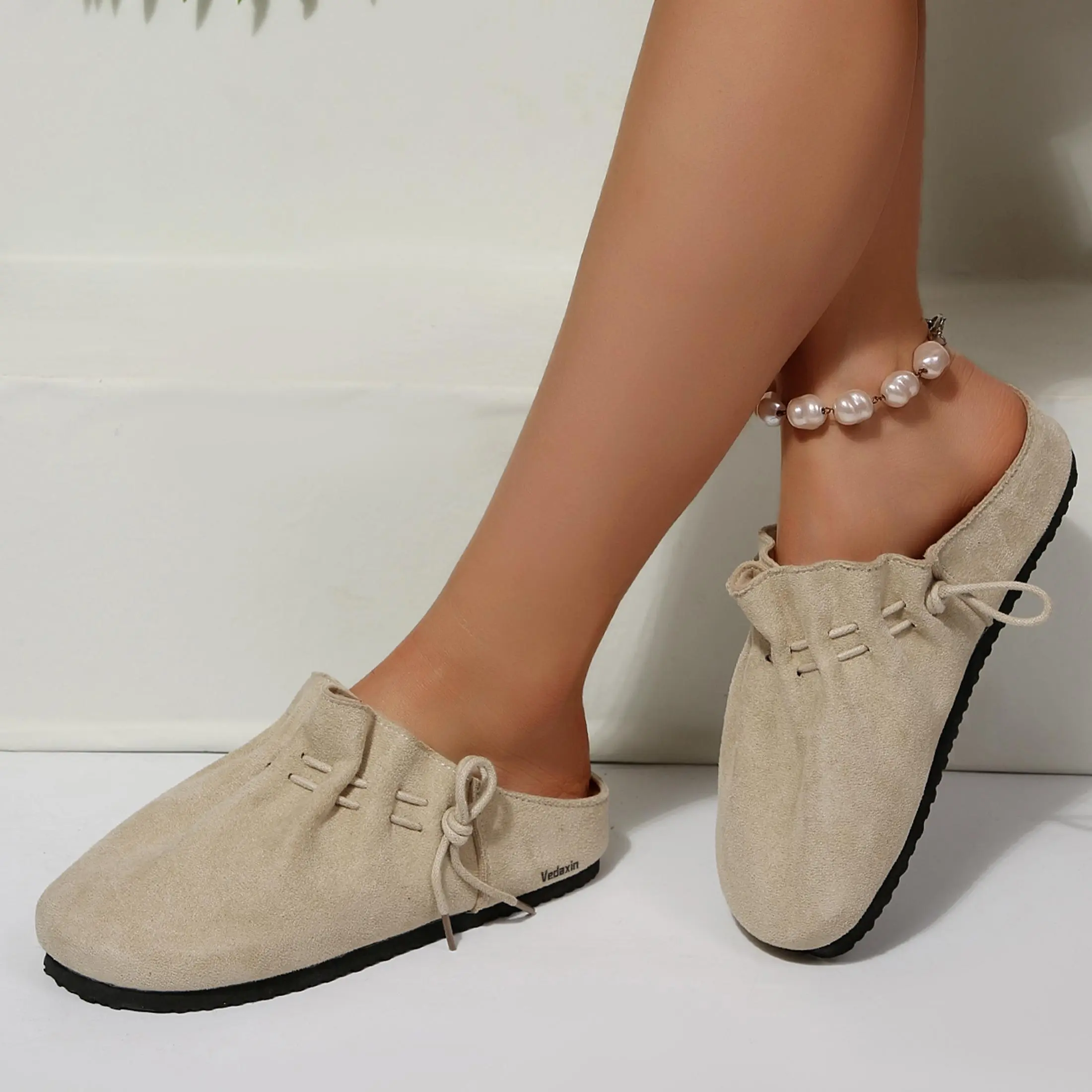Women's Suede Sandals Slip On Casual Shoes with Tie Detail Comfortable Flat Indoor Outdoor Shoes for Daily Wear Springfresh