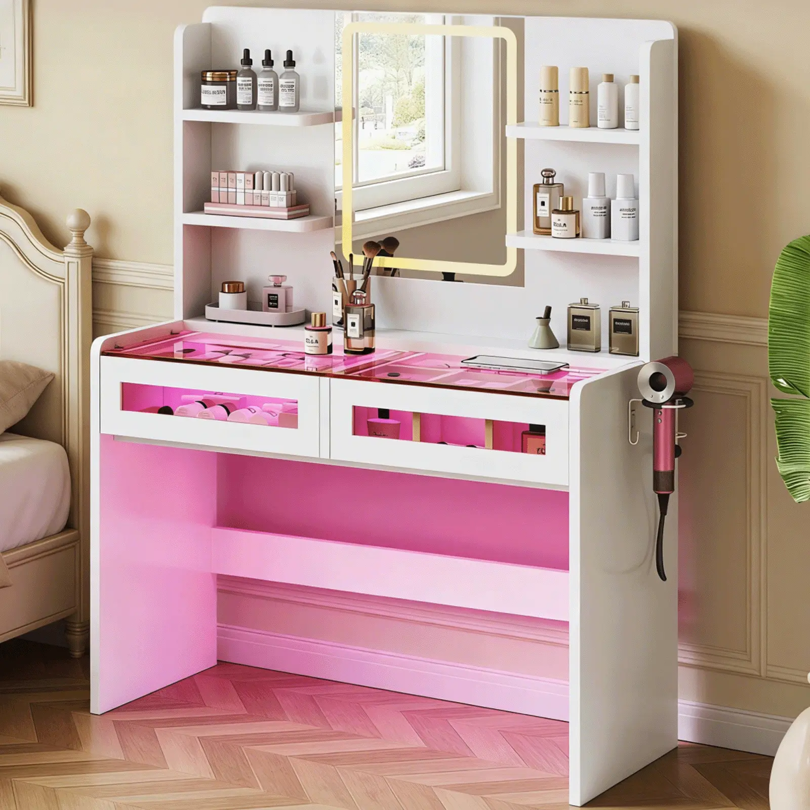 Glass Top Makeup Vanity with LED Mirror – Open Storage Dressing Table with Hair Dryer Holder & Full RGB Lighting Glass Top Makeup Vanity with LED Mirror – Open Storage Dressing Table with Hair Dryer Holder & Full RGB Lighting