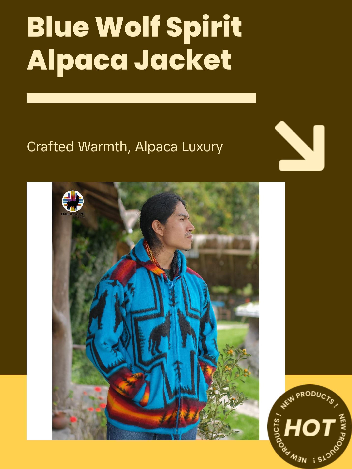 Blue Wolf Spirit Alpaca Wool Jacket. Handcrafted by Indigenous Hands. Super warm and soft. Machine Washable