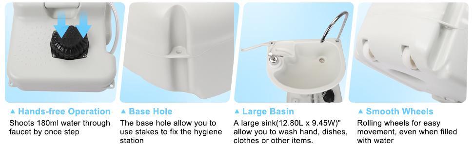 Ubesgoo Portable Camping Sink w/ 19L Water Tank Rolling Wheels Towel Holder Soap Dispenser Faucet, Outdoor Foot Pump Washing Station for RV Boat Travel Picnic Worksit