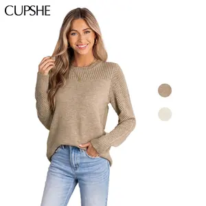 CUPSHE Fall Crewneck Long Sleeve Knit Sweater Womenswear Knitwear Tops for Winter/Fall Casual and Basic Knitted Shirt Minimalist Knitting Khaki Fitted cardigan cardigan for women Sweaters for women