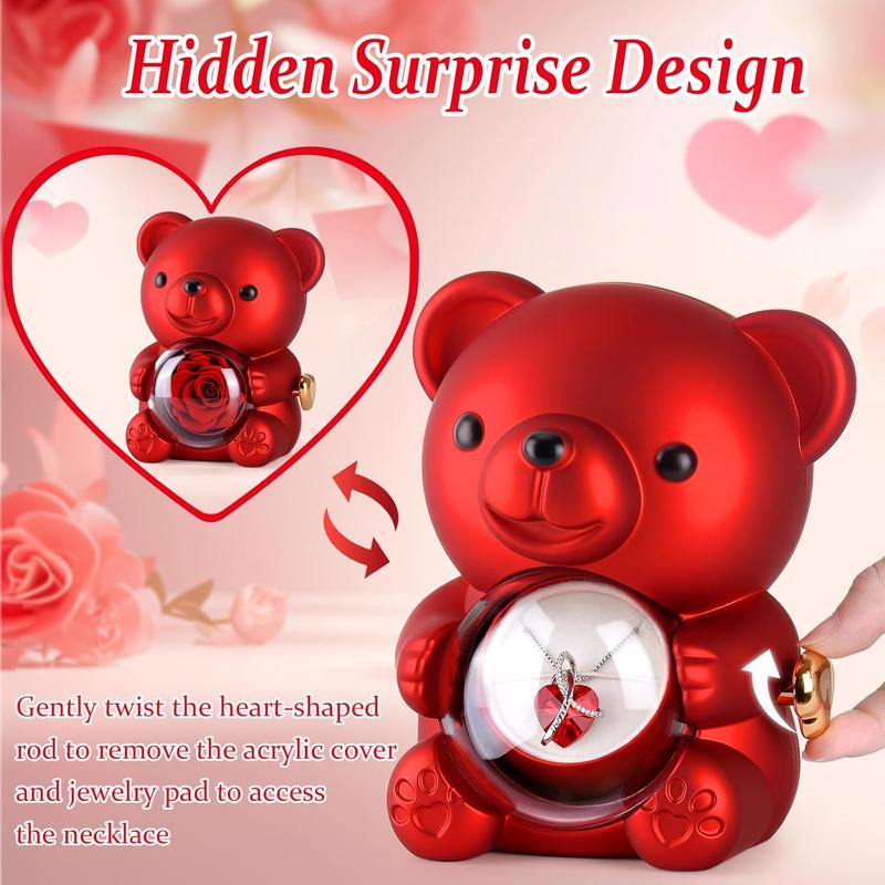 Cute Teddy Bear with Preserved Rose,Eternal Flowers Rotating Rose Box with Necklace Romantic Gift for Her in Valentine's Day, Mother's Day,Weddings,Anniversaries,and Bridal Showers