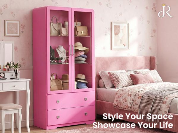 RoyalCraft Dopamine Display Cabinet with Acrylic Doors, Modern Storage Cabinet with LED Lights, Bookcase with Drawers & Adjustable Shelves, 3-Tier Curio Cabinet for Living Room, Home Office, DopamineDecor