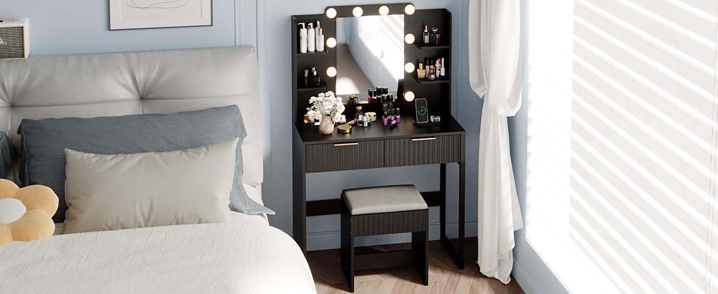 VINGLI Fluted Makeup Vanity Desk with Mirror & Lights & Power Outlet, Small Vanity Table w/ 2 Drawers & 4 Storage Shelves, Modern Dressing Table Set Charging Station for Bedroom