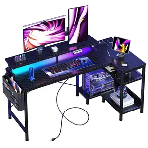 48" Reversible L-Shaped Gaming Desk with LED Lights, USB/Type-C Charging & Power Outlets, Computer Corner Desk with Storage Shelves & Monitor Stand for Gaming Room & Home Office