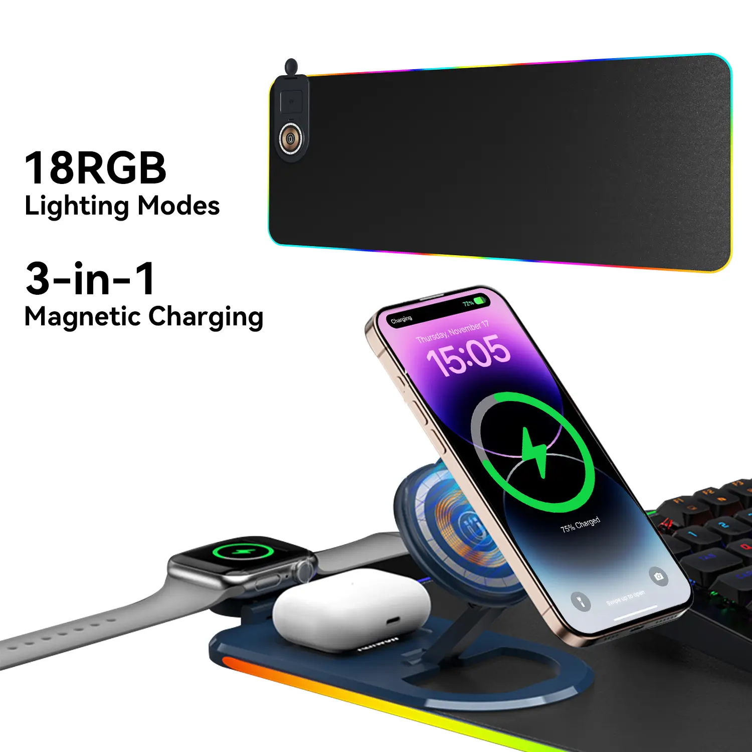 4-in-1 Wireless Charger Mouse Pad - RGB LED Gaming Mouse Pad with Wireless Charging for Phone, Watch & Earbuds, XL 31.5×11.8in Extended Desk Mat, Gaming Mouse Pad With Charger, Led Mouse Pad With Wireless Charger
