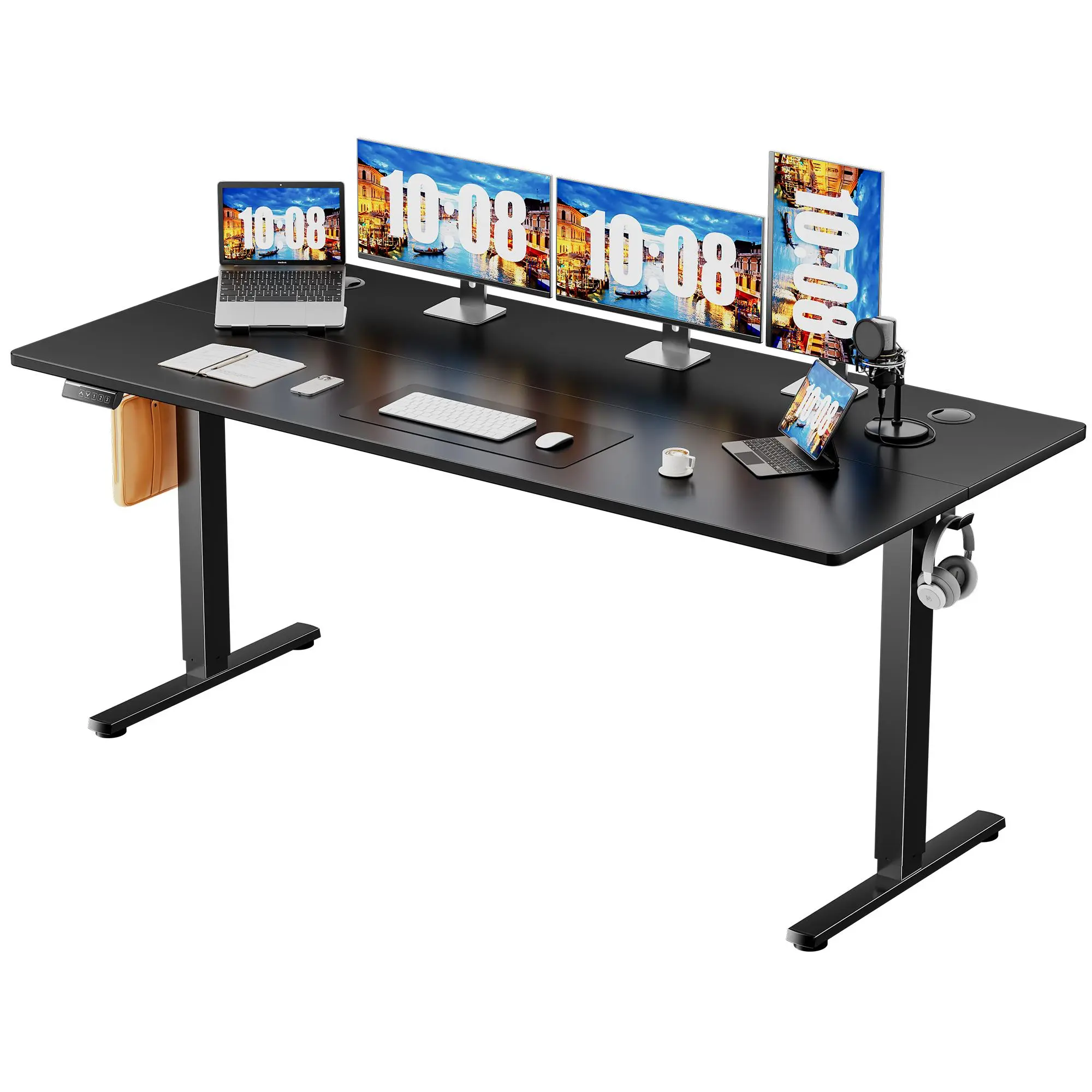 Sweetcrispy Height Adjustable Electric Standing Desk with Storage Shelf Double Drawer, Stand up Desk, Sit Stand Desk with Splice Board, Standing Table for Home Office