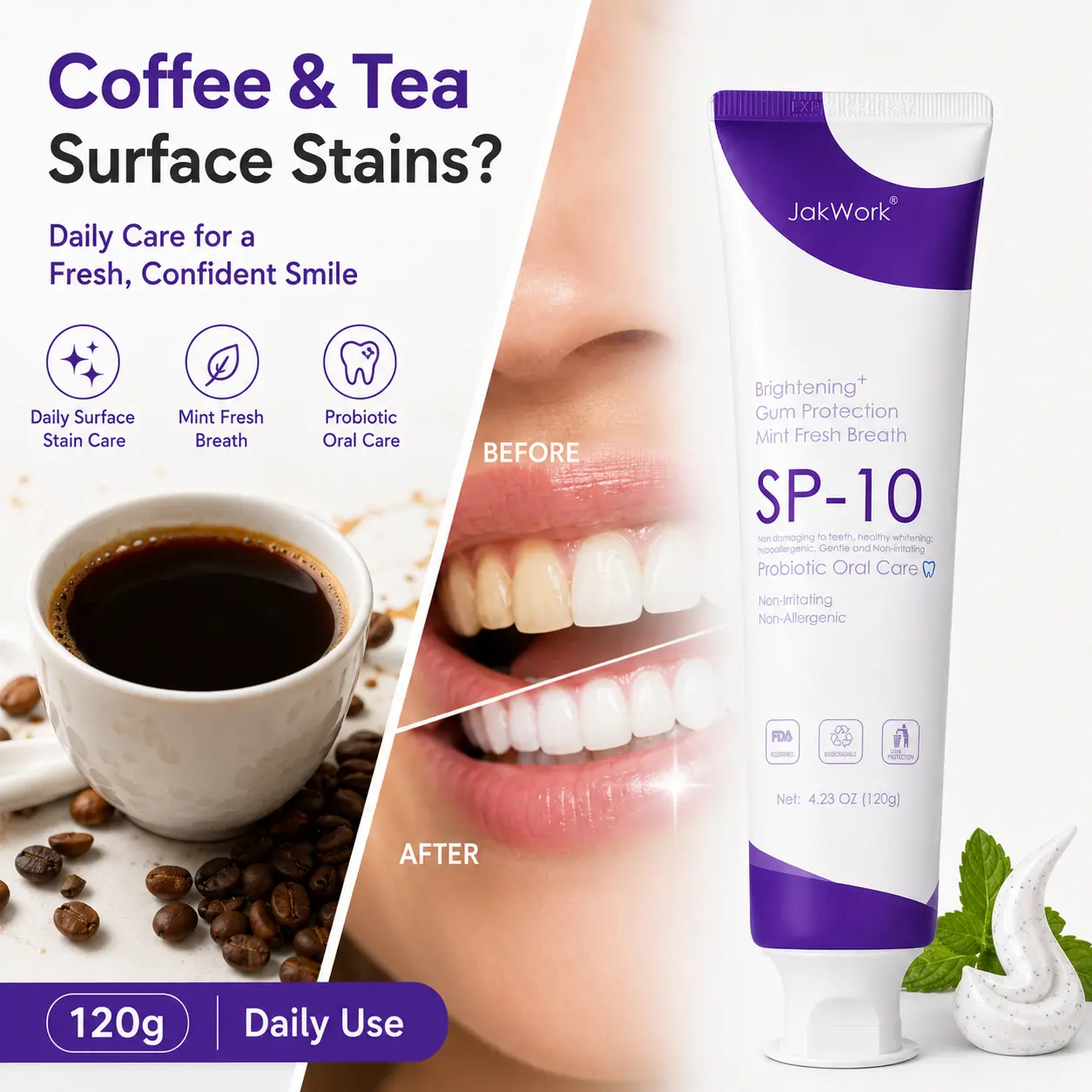 Coffee & Tea Stain Care Toothpaste, Brightening Mint for Daily Surface Stain Removal Oral Care Toothpaste Restore