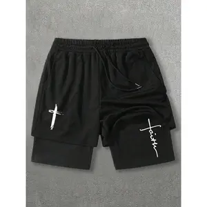Men's Regular Fit Cross Print 2-in-1 Shorts, Casual Comfy Breathable Shorts for Gym Workout Running, Men's Bottoms for Summer