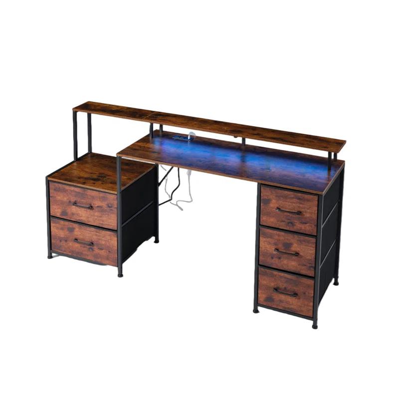 67'' Computer Desk with 4 Drawer, Printer Cabinet and Power Outlet