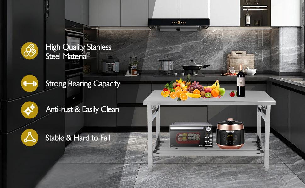 【GARVEE】48 x 30 Inches Stainless Steel Folding Table with NSF Certification, Commercial Kitchen Prep Table Featuring Under Shelf, Ideal for Restaurant and Home Use