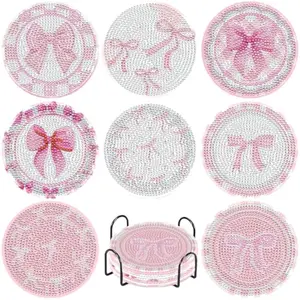 8 Pcs Diamond Painting Coasters,Diamond Painting Kits,Pink Bow Diamond Art Coasters,5D DIY Full Drill Diamond Dots,Gem Art Kits for Adults Arts and Crafts Supplies