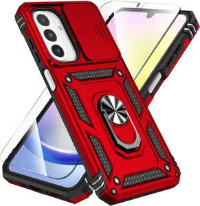 Samsung Galaxy A26 5G Case with HD Screen Protector & Slide Camera Cover & Rotated Ring Kickstand, [Heavy Duty Shockproof] Dual Layers Phone Case (Red, Galaxy A26)