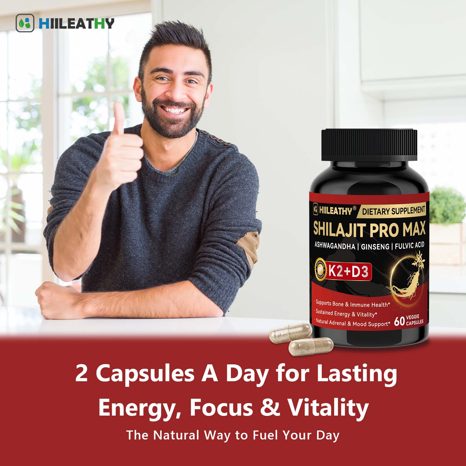 HIILEATHY | Optimal*Shilajit PRO MAX with K2 & D3 - 60 Capsules - Premium Fulvic Acid & 84+ Minerals for Immune Support, Energy & Anti-Aging - USA Made