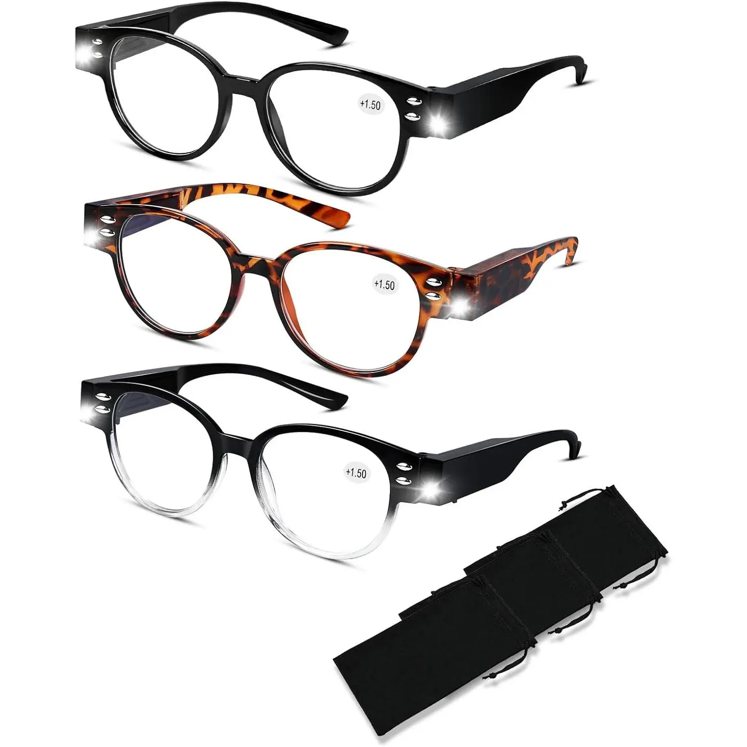 3 Pack Lighted Reading Glasses Bright LED Readers with Lights Reading Glasses with Light and Magnifying Blue Light Blocking Glasses for Men Women Eyeglasses Lighted Magnifier Nighttime