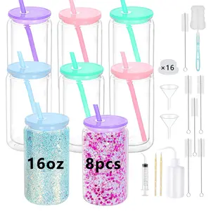KAFUFU 8 Pack 16oz Double Wall Colorful Snowball Cup Set with Matching Lids & Straws, Pre-Drilled Acrylic Tumblers for DIY Crafts, Reusable Water Bottle with Complete Kit & Funnel, Leakproof Car Cup for Iced Coffee,